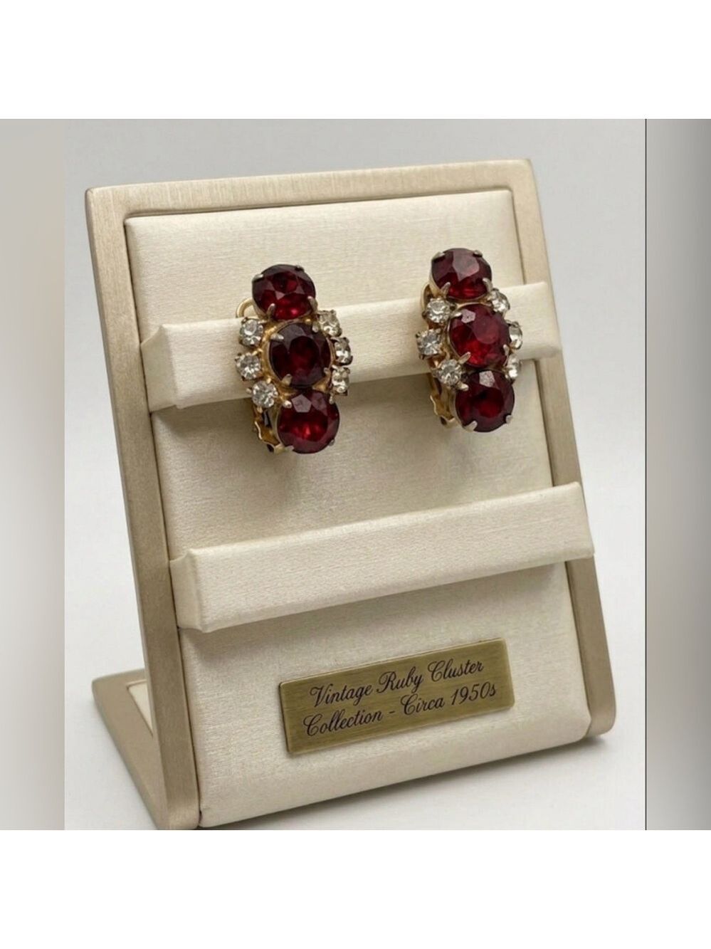 Vintage Ruby Red & Clear Rhinestone Clip-On Earrings 2319